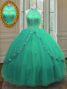 Pretty Floor Length Turquoise Sweet 16 Dress Tulle Sleeveless Beading and Appliques