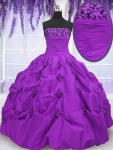 Eggplant Purple Lace Up Strapless Embroidery and Pick Ups Vestidos de Quinceanera Taffeta Sleeveless