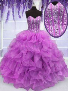 Lilac Sleeveless Floor Length Beading and Ruffles Lace Up Sweet 16 Quinceanera Dress