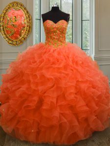Organza Sweetheart Sleeveless Lace Up Beading and Ruffles 15 Quinceanera Dress in Orange Red