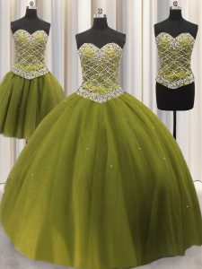 Three Piece Sleeveless Lace Up Floor Length Beading and Sequins Quinceanera Gown