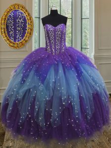 Multi-color Sweetheart Lace Up Beading and Ruffles and Sequins 15th Birthday Dress Sleeveless