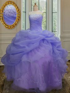 Modern Lavender Ball Gowns Strapless Sleeveless Organza Floor Length Lace Up Embroidery and Pick Ups Quince Ball Gowns