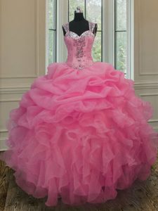 Straps Organza Sleeveless Floor Length Quinceanera Gowns and Beading and Ruffles