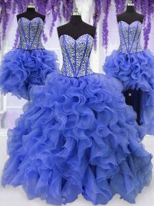 Four Piece Floor Length Royal Blue Vestidos de Quinceanera Organza Sleeveless Ruffles and Sequins
