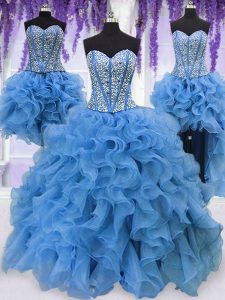 Four Piece Floor Length Blue Quince Ball Gowns Organza Sleeveless Ruffles and Sequins