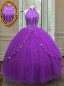 Fashionable Purple Ball Gowns Tulle High-neck Sleeveless Beading and Appliques Floor Length Lace Up Sweet 16 Dresses