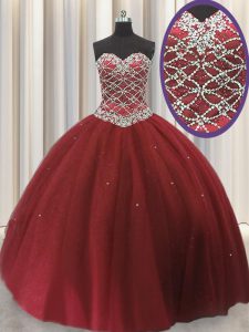 High End Red Ball Gowns Tulle Sweetheart Sleeveless Beading and Sequins Floor Length Lace Up Sweet 16 Quinceanera Dress