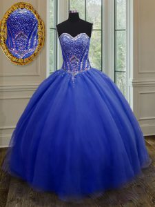 Glittering Sweetheart Sleeveless Lace Up Sweet 16 Dress Royal Blue Organza