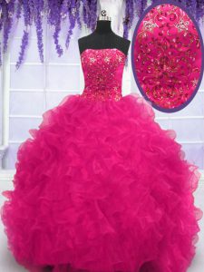 Fine Organza Strapless Sleeveless Brush Train Lace Up Beading and Ruffles 15 Quinceanera Dress in Fuchsia