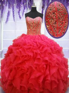 Coral Red Lace Up Quinceanera Gowns Beading and Ruffles Sleeveless Floor Length
