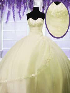 Fine Light Yellow Tulle Lace Up Sweetheart Sleeveless Floor Length 15 Quinceanera Dress Appliques
