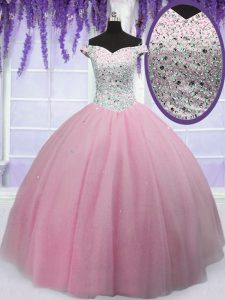 Glorious Off the Shoulder Short Sleeves Beading Lace Up 15th Birthday Dress