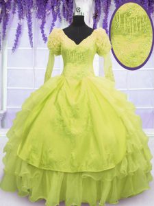 On Sale Yellow Green Ball Gowns Organza V-neck Sleeveless Beading and Embroidery and Ruffles Floor Length Lace Up Sweet 