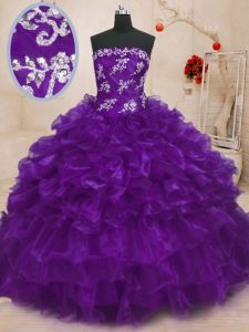 Pretty Purple Ball Gowns Beading and Appliques and Ruffles Sweet 16 Quinceanera Dress Lace Up Organza Sleeveless Floor L