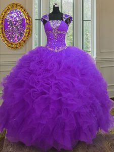 Best Selling Purple Organza Lace Up Straps Cap Sleeves Floor Length Vestidos de Quinceanera Beading and Ruffles and Sequ