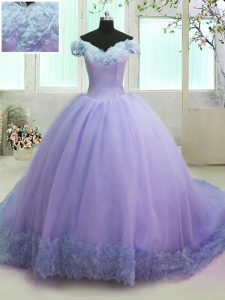Off the Shoulder Hand Made Flower 15th Birthday Dress Lavender Lace Up Short Sleeves With Train Court Train