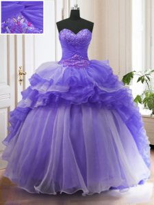 Purple Ball Gowns Beading and Ruffled Layers Sweet 16 Quinceanera Dress Lace Up Organza Sleeveless With Train
