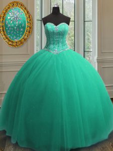 Sexy Sequins Ball Gowns Sweet 16 Dress Turquoise Sweetheart Tulle Sleeveless Floor Length Lace Up