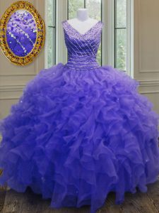 Free and Easy Organza V-neck Sleeveless Zipper Beading and Ruffles 15th Birthday Dress in Purple