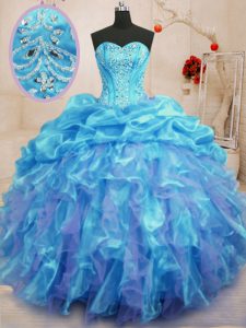 Aqua Blue Ball Gowns Beading and Ruffles Ball Gown Prom Dress Lace Up Organza Sleeveless Floor Length