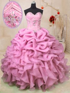 Custom Made Sweetheart Sleeveless Sweet 16 Quinceanera Dress Floor Length Beading and Ruffles and Pick Ups Baby Pink Org