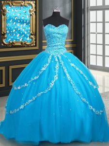 Beautiful Baby Blue Ball Gowns Tulle Sweetheart Sleeveless Beading and Appliques With Train Lace Up Vestidos de Quincean