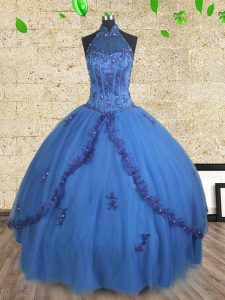Best Halter Top Blue Sleeveless Floor Length Beading Lace Up 15 Quinceanera Dress