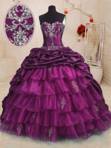 Purple Sleeveless Sweep Train Beading and Appliques and Ruffles and Pick Ups With Train Quince Ball Gowns