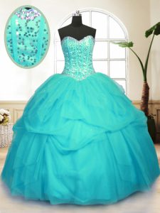 Vintage Aqua Blue Quinceanera Gowns Military Ball and Sweet 16 and Quinceanera and For with Sequins and Pick Ups Sweethe