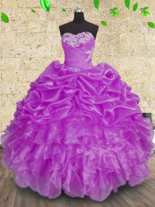 Customized Beading and Appliques and Ruffles and Ruching Quince Ball Gowns Purple Lace Up Sleeveless Floor Length
