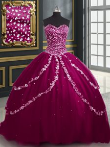 High Class Burgundy and Fuchsia Sweetheart Lace Up Beading and Appliques Sweet 16 Dress Brush Train Sleeveless