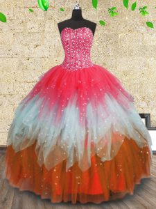 Multi-color Lace Up Quinceanera Dress Beading and Ruffles and Ruffled Layers Sleeveless Floor Length