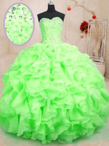 Simple Sleeveless Floor Length Beading and Ruffles Lace Up Ball Gown Prom Dress with