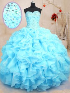 Super Baby Blue Ball Gowns Sweetheart Sleeveless Organza Floor Length Lace Up Beading and Ruffles Vestidos de Quinceaner