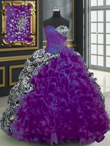 Customized Purple Organza and Printed Lace Up Sweetheart Sleeveless With Train Quince Ball Gowns Brush Train Beading and