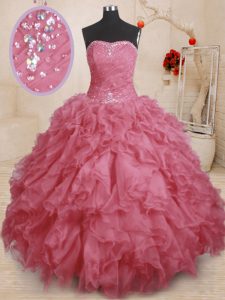 Floor Length Lace Up Quinceanera Gown Pink for Military Ball and Sweet 16 and Quinceanera with Beading and Ruffles and R