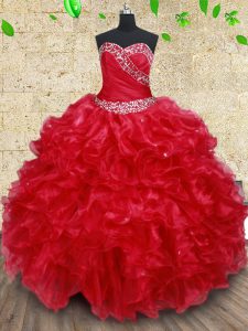 Red Ball Gown Prom Dress Military Ball and Sweet 16 and Quinceanera and For with Beading and Ruffles Sweetheart Sleevele