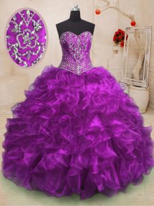 Purple Ball Gowns Sweetheart Sleeveless Organza With Train Sweep Train Lace Up Beading and Ruffles Quince Ball Gowns