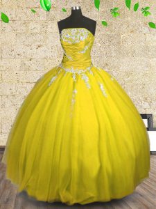 Yellow Sweet 16 Quinceanera Dress Military Ball and Sweet 16 and Quinceanera and For with Appliques and Ruching Straples