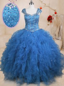 Floor Length Teal Ball Gown Prom Dress Tulle Cap Sleeves Beading and Ruffles and Sequins