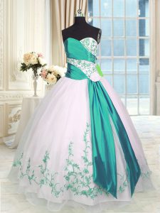 Noble Sleeveless Floor Length Embroidery and Sashes ribbons Lace Up Quinceanera Gown with White