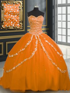 Orange Ball Gowns Tulle Sweetheart Sleeveless Beading and Appliques With Train Lace Up Sweet 16 Quinceanera Dress Brush 