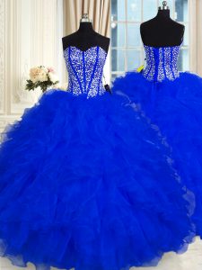 Custom Fit Floor Length Royal Blue Quinceanera Gowns Organza Sleeveless Beading and Ruffles