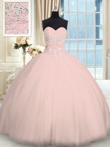 Traditional Tulle Sweetheart Sleeveless Lace Up Beading 15 Quinceanera Dress in Pink