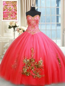 Enchanting Coral Red Tulle Lace Up Sweetheart Sleeveless Floor Length Sweet 16 Quinceanera Dress Beading and Appliques a