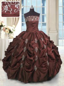 Burgundy Ball Gowns Beading and Appliques and Embroidery and Pick Ups 15th Birthday Dress Lace Up Taffeta Sleeveless Flo