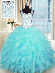 Dramatic Sleeveless Floor Length Beading and Appliques and Ruffles Lace Up Vestidos de Quinceanera with Aqua Blue