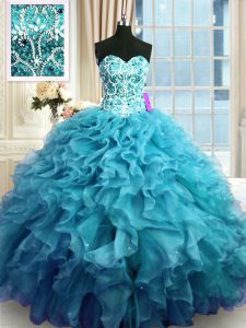 Teal Ball Gowns Beading and Ruffles Vestidos de Quinceanera Lace Up Organza Sleeveless Floor Length