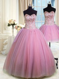 Sophisticated Three Piece Lavender Ball Gowns Sweetheart Sleeveless Tulle Floor Length Lace Up Beading Quinceanera Dress